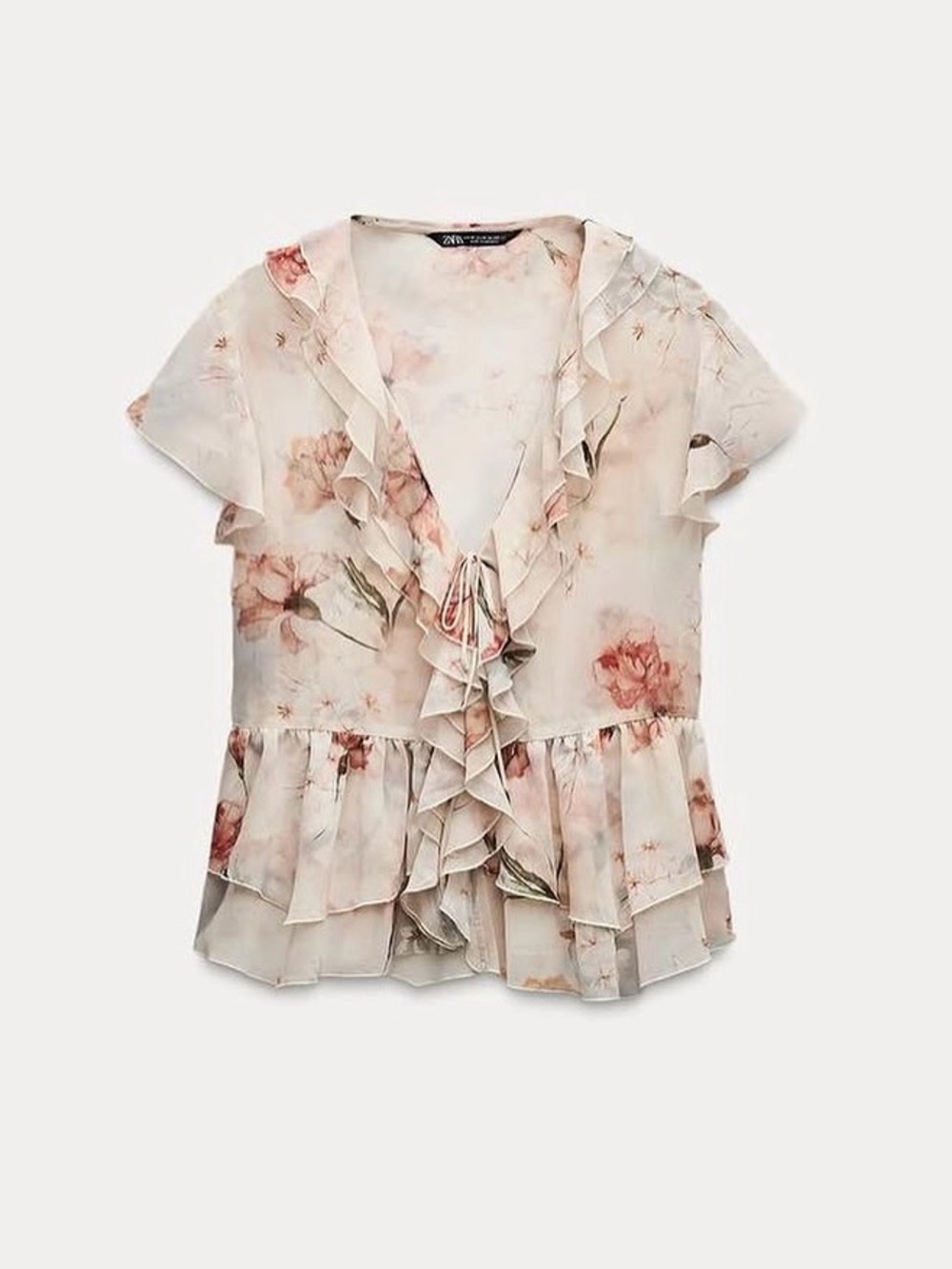 Zara Romantic Sheer Cream Floral Ruffle Tie-Front Blouse Size L